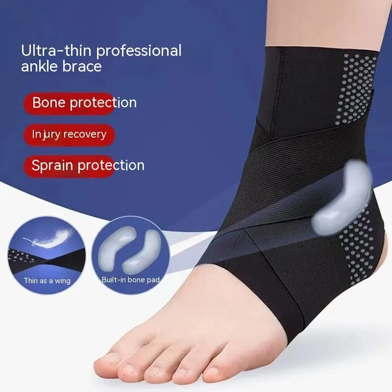 Black Lycra ankle support brace shown wrapped around an adult ankle.