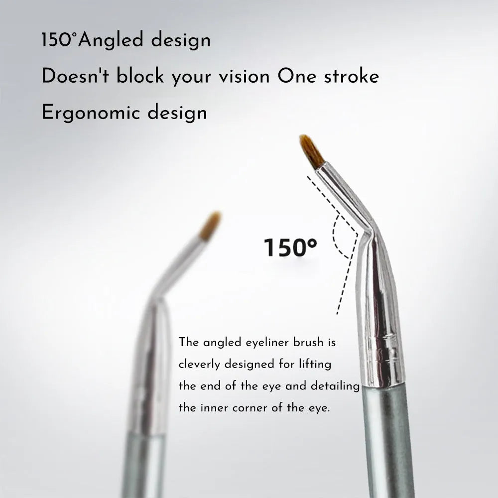 Angle view of a bend head fine tip eyeliner makeup brush for detailed eye application.