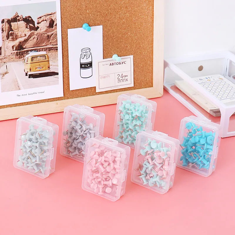 Set of 50 Morandi colour push pins in green and grey with star and button designs