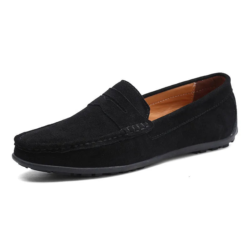 Men's brown suede leather casual shoes with round toe and flat rubber sole on a white background