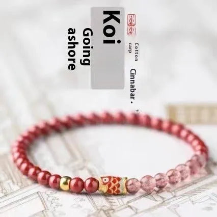 Purple cinnabar and strawberry quartz lucky bead bracelet with peach blossom charm on adjustable cord