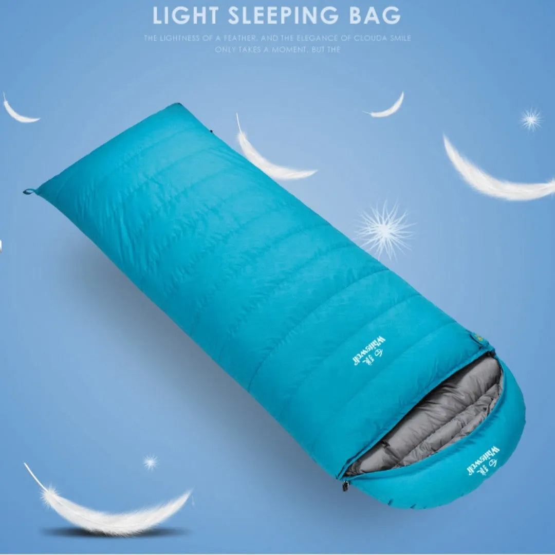 Black outdoor sleeping bag with envelope structure, showing goose down fill and durable nylon fabric.