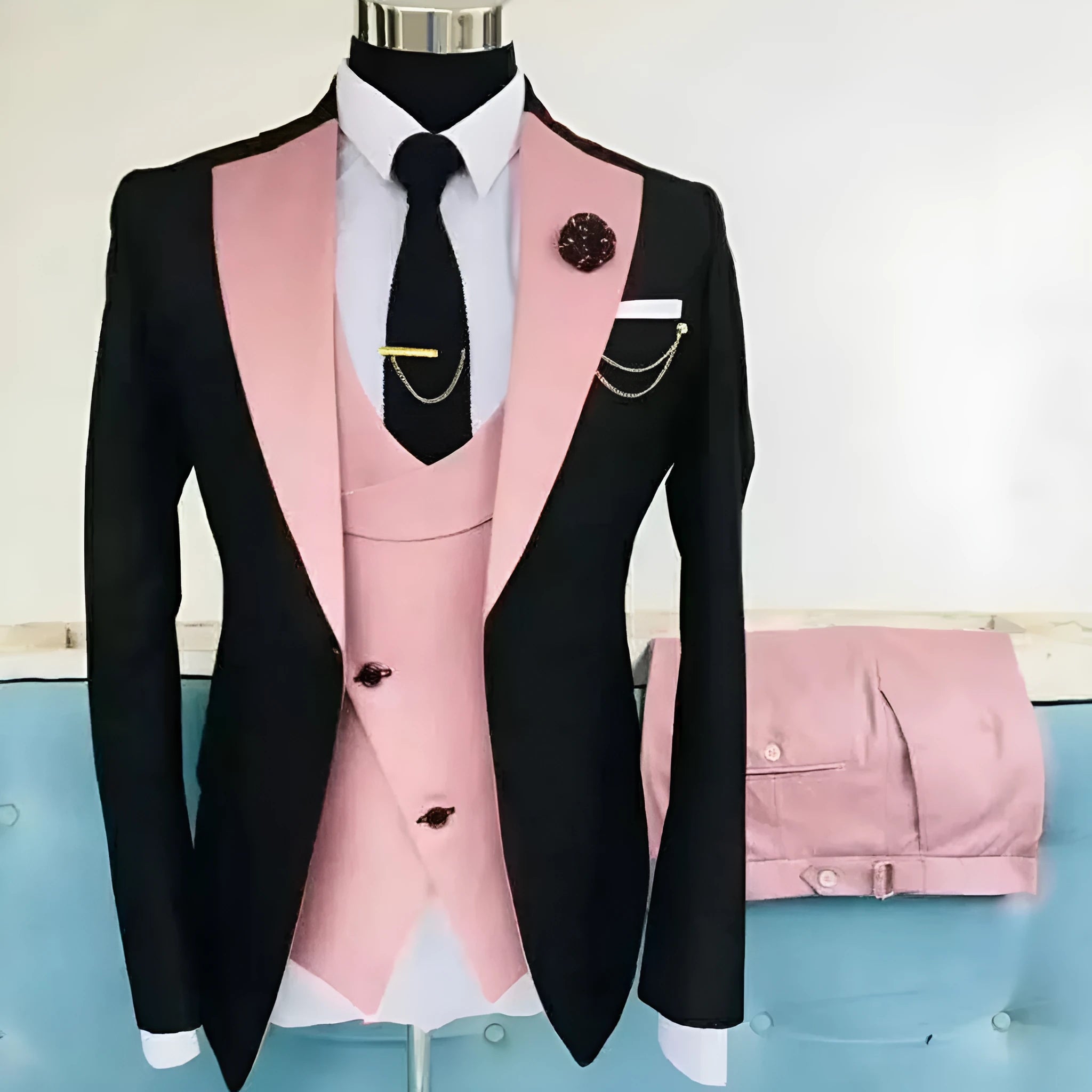 Men's slim fit cotton three-piece business suit showing coat, vest and trousers in black colour option