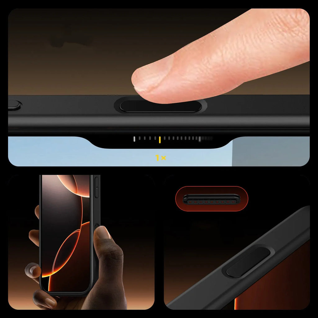 Transparent magnetic phone case for iPhone 16 showing MagSafe compatibility and airbag protection elements