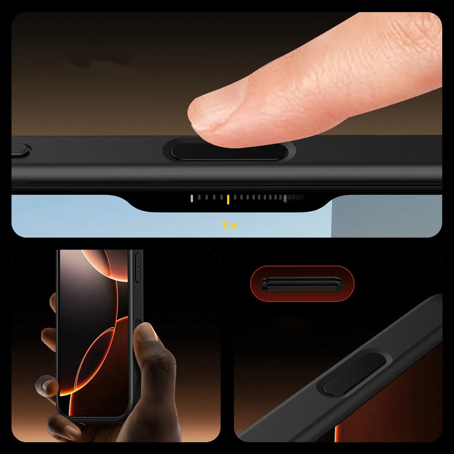 Transparent magnetic phone case for iPhone 16 showing MagSafe compatibility and airbag protection elements