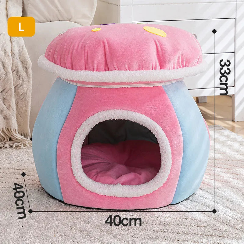 Grey mushroom-shaped plush cat bed with a detachable design and included blanket.