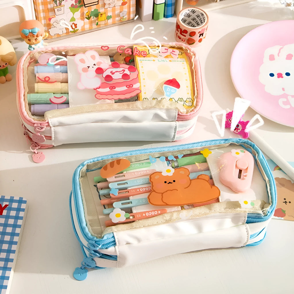 Transparent Japanese pen bag with rabbit design in pink cake or red love colour options