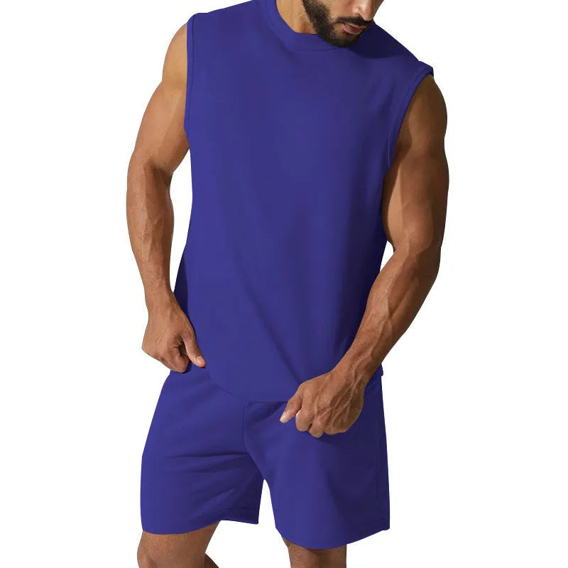 Men's sleeveless cotton blend sports top and matching shorts in solid colour options