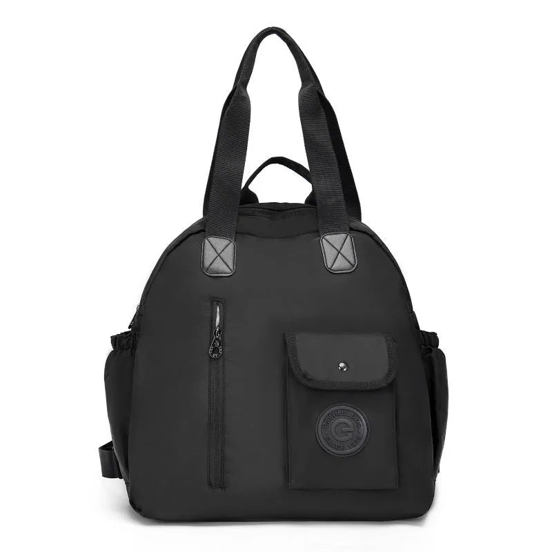 Women's large capacity backpack showing sandwich pocket design and 48cm height dimensions