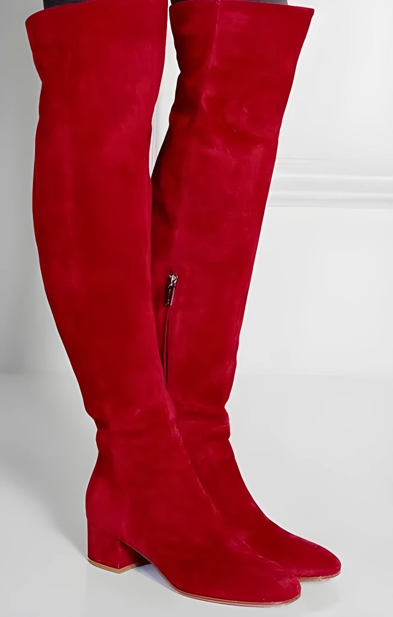 Grey suede women's flat over-the-knee boots with pointed toe and thick rubber sole