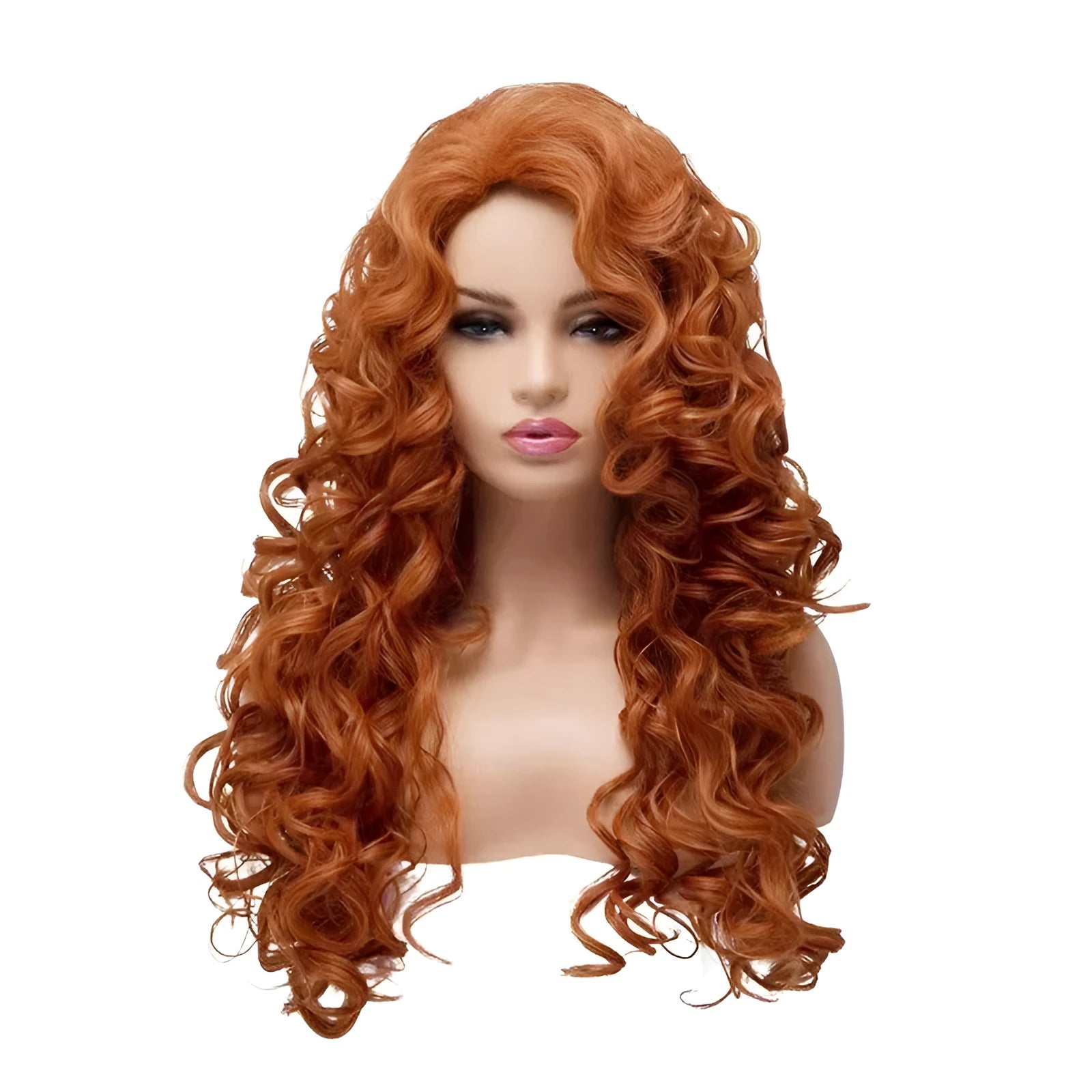 Brown long wavy curly exotic style synthetic wig on wig head