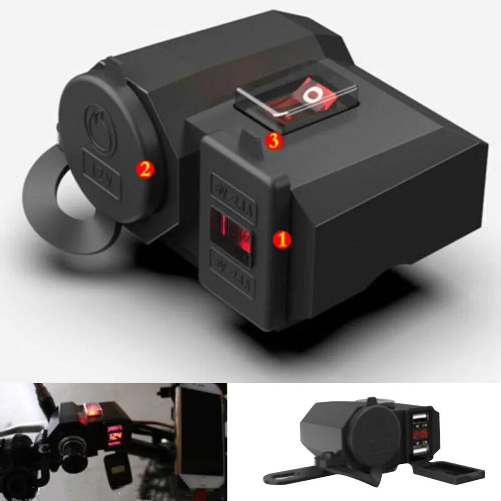 Black dual USB waterproof motorcycle charger with voltmeter mounted on handlebar