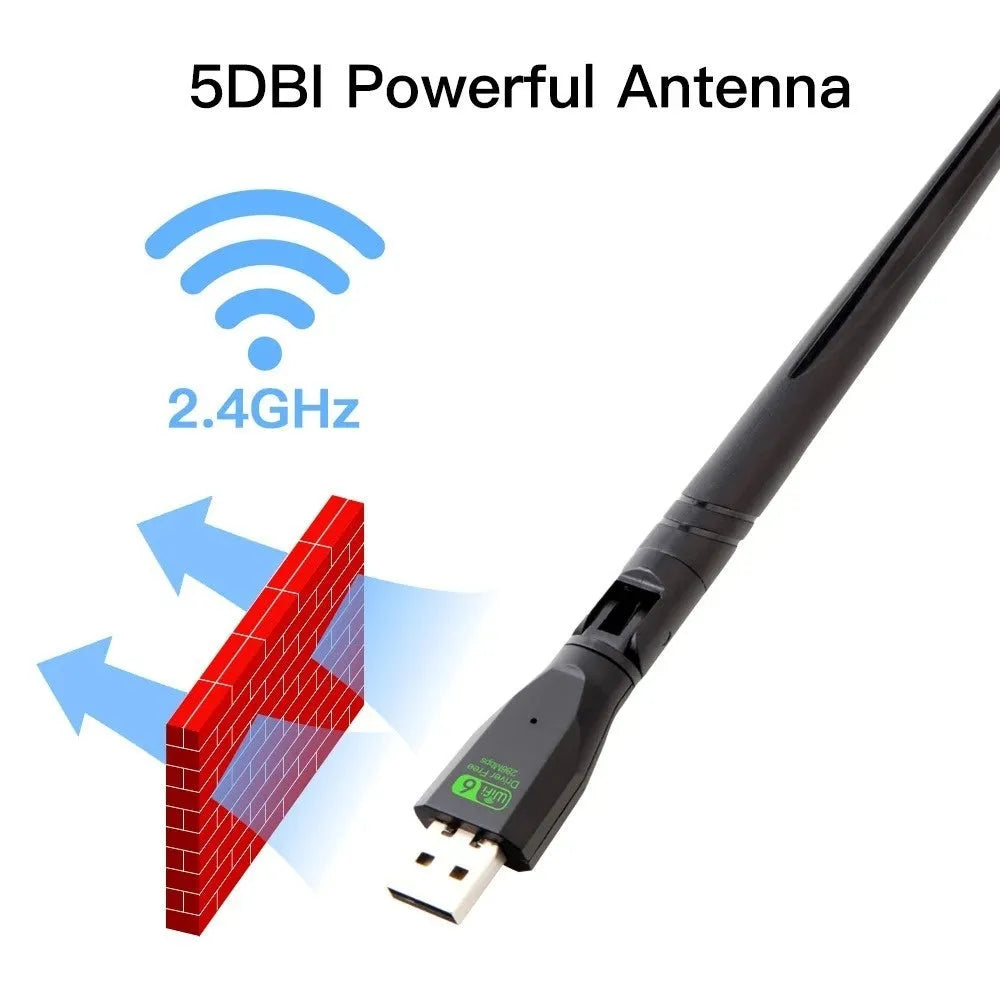 Black USB WiFi 6 wireless network adapter with driver-free installation for computers.