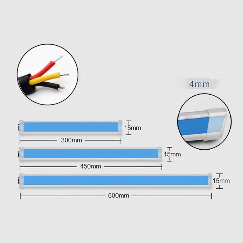 Flexible silicone car LED daytime running light and turn signal strip showing length options