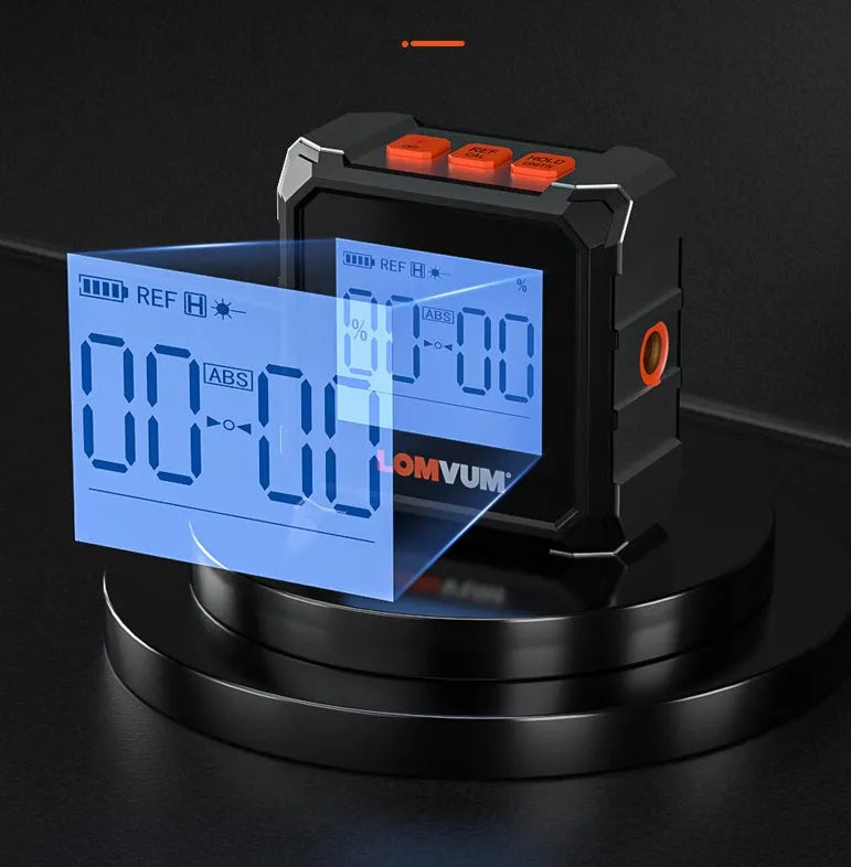 Digital laser infrared woodworking steel tape measure inclinometer with alloy casing and display.