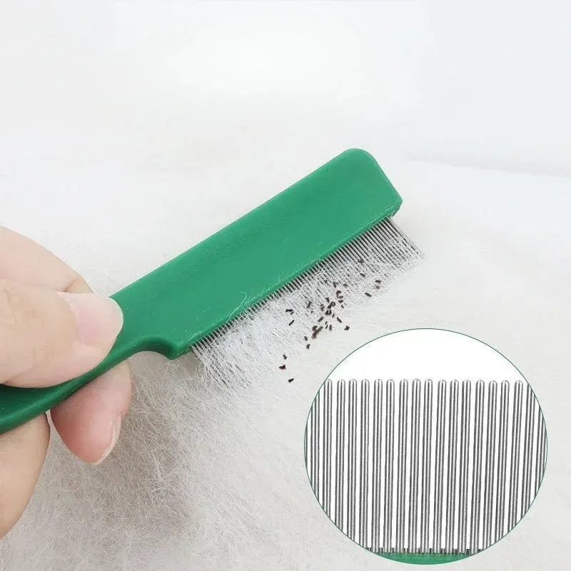 Green plastic handle stainless steel pin flea comb for dogs and cats on a white background.
