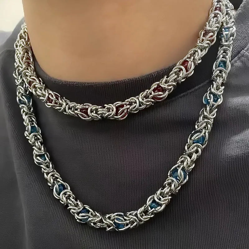 Men's titanium steel splice necklace with blue sapphire stone, adjustable chain 21-50cm