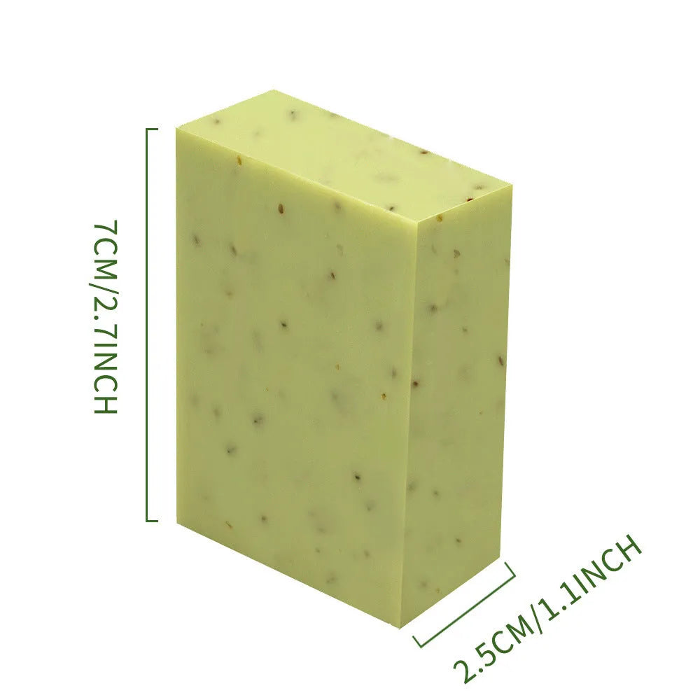 Handmade frosted essential oil soap bar in botanical scents like lavender and green tea, 100g.