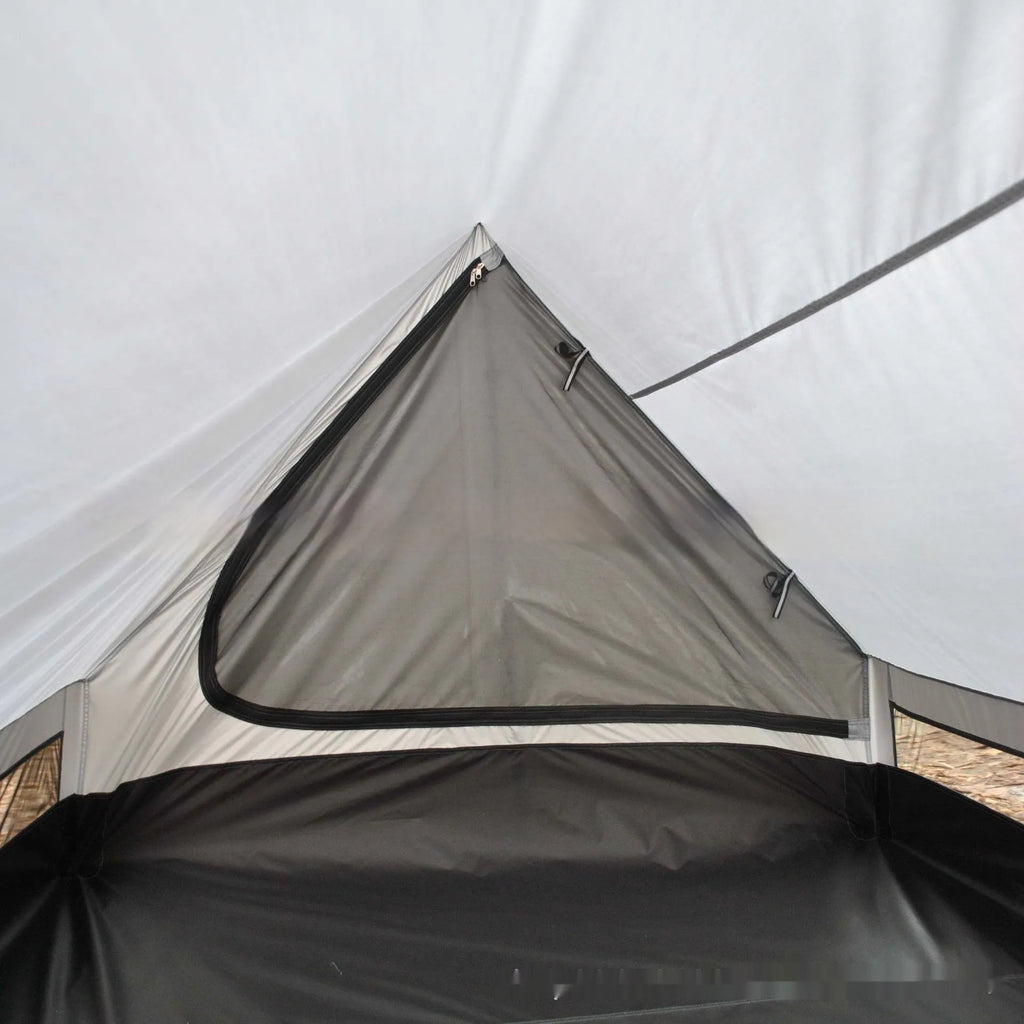 Brown or white A-line cabin tent using hiking canes for support with dimensions 210x150x110cm
