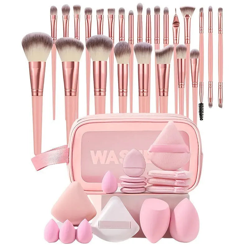Beauty tools combination set with hydrophilic non-latex face wash and makeup tools in brown, pink, and purple colours