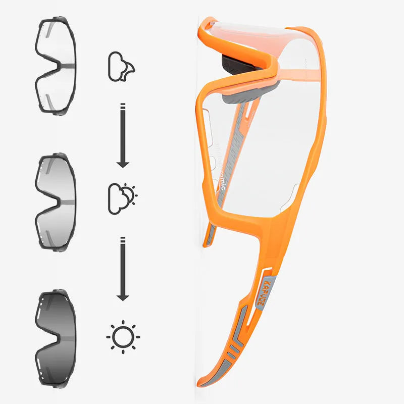 TR90 semi-rimless cycling sunglasses with photochromic lenses, shown in multiple colour options.