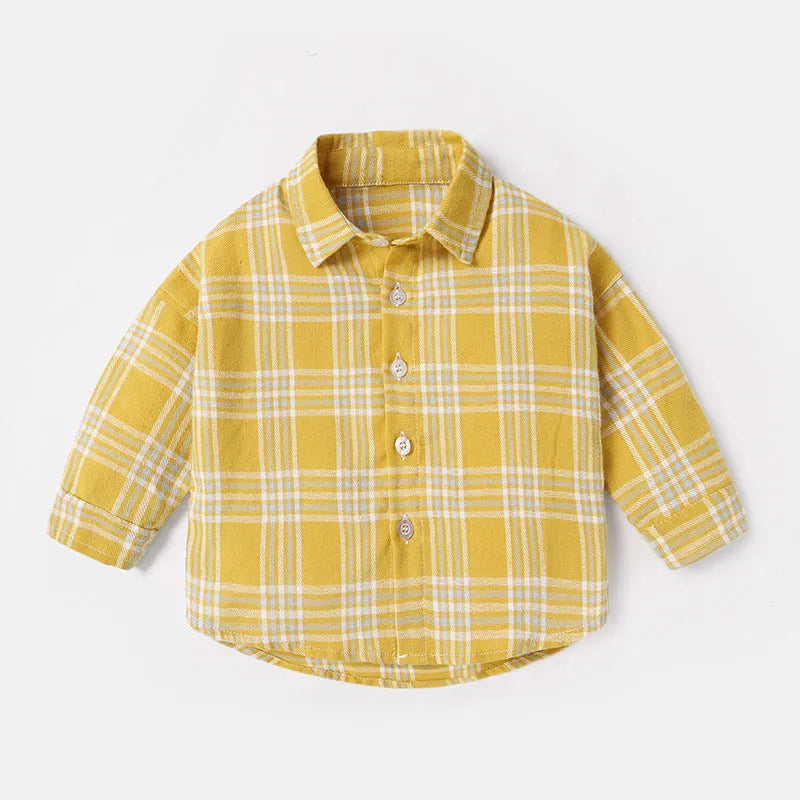 Boy's light blue cotton shirt with an animal print and lattice pattern, long sleeves.