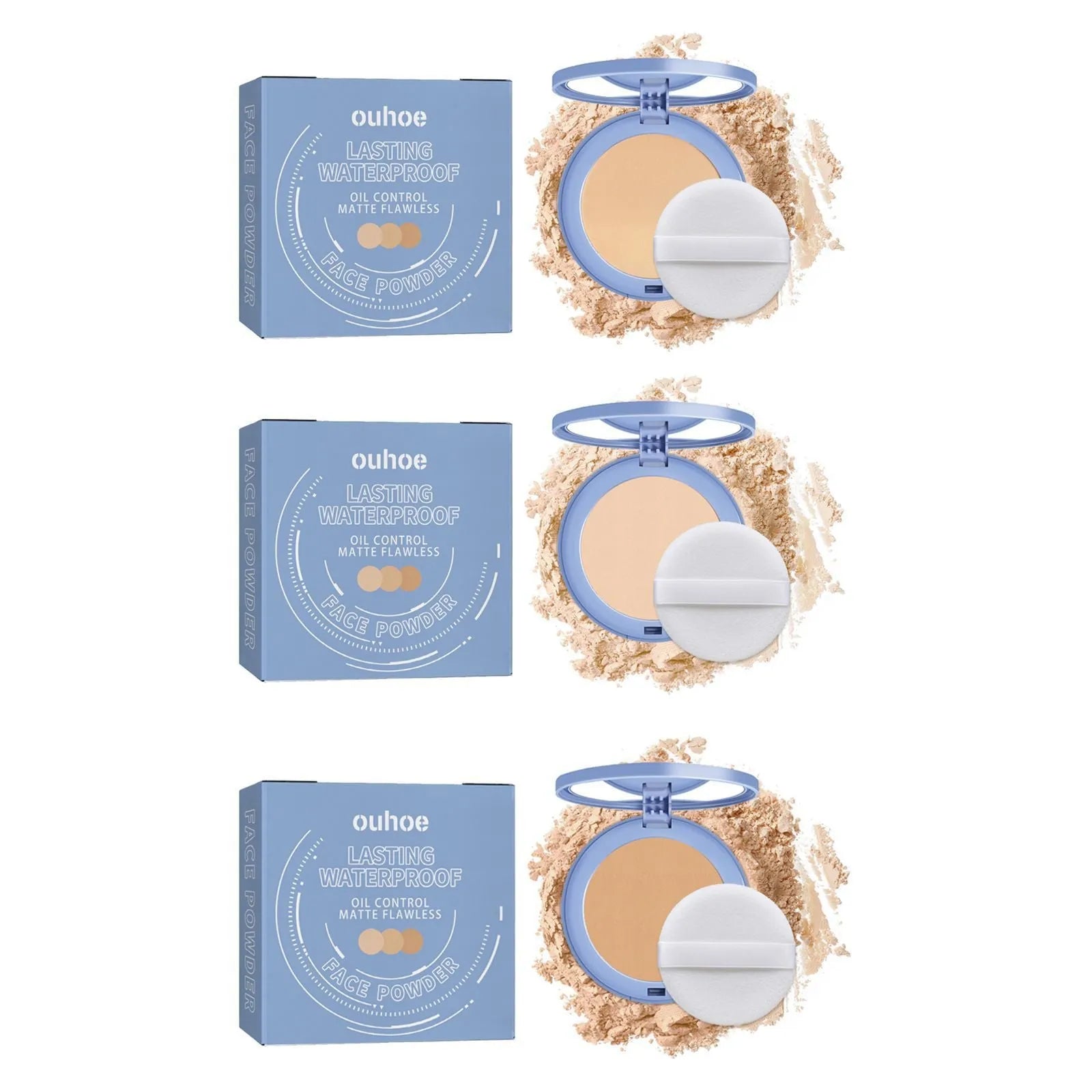 8g finishing powder makeup with powder fan applicator in natural beige, pure beige and classic ivory shades