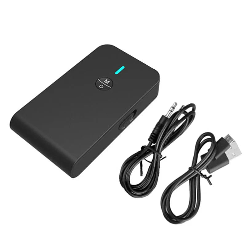 Black Bluetooth audio adapter with 3.5mm connector and external power supply