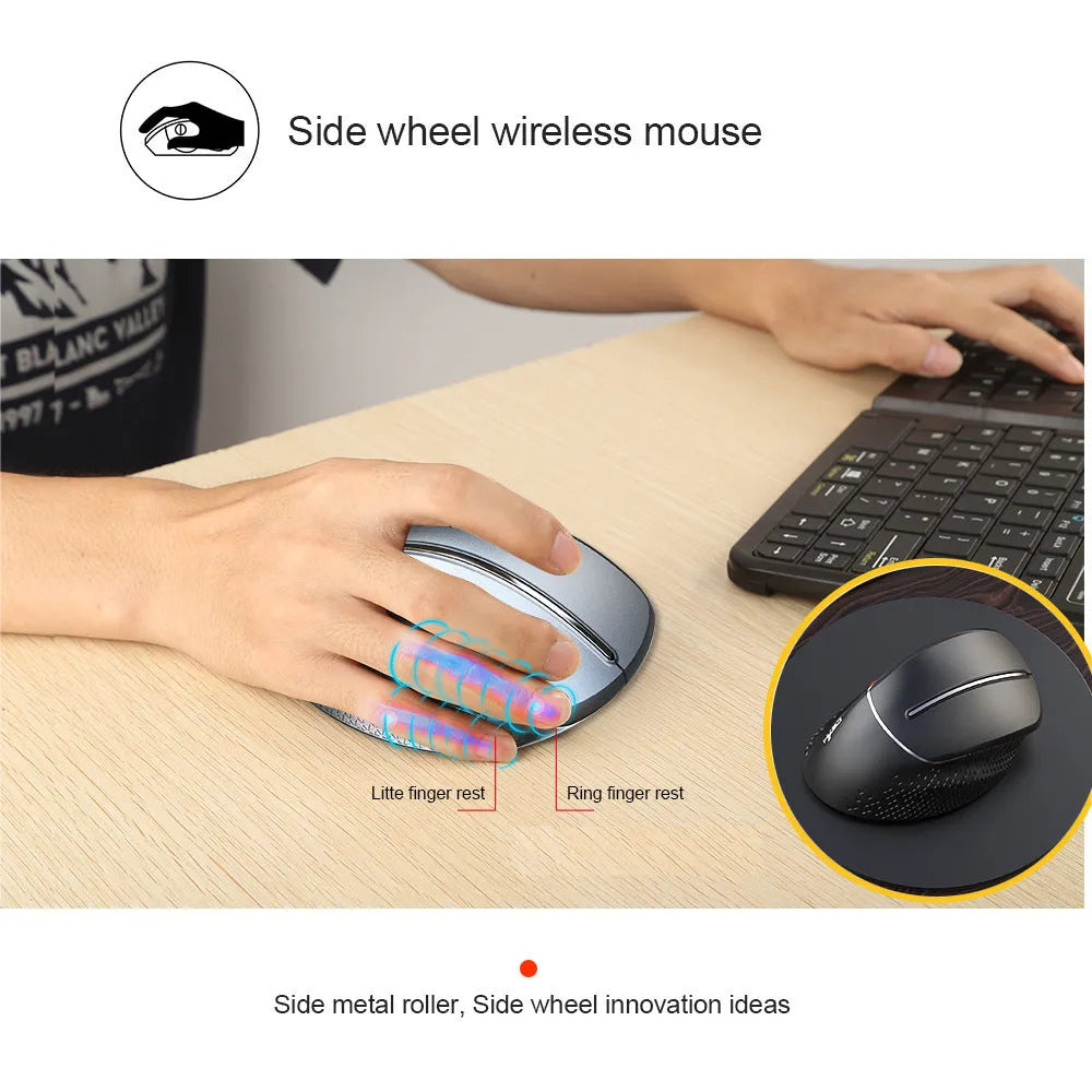 T32 wireless vertical ergonomic mouse in black or silver with aluminium side roller and USB receiver