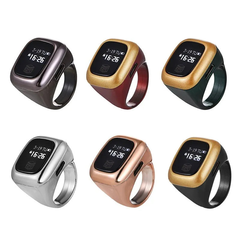 Al-Fatiha Zikr electronic counter with digital display on a wrist strap, shown in multiple colour options.