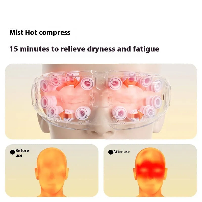 Rechargeable Bluetooth eye hot compress and massage mask in purplish grey, shown with data cable.