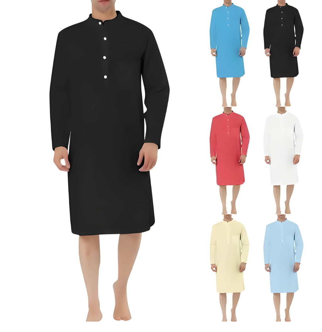 Men's simple cotton shirt robe with pocket available in white black and blue sizes S to XXL