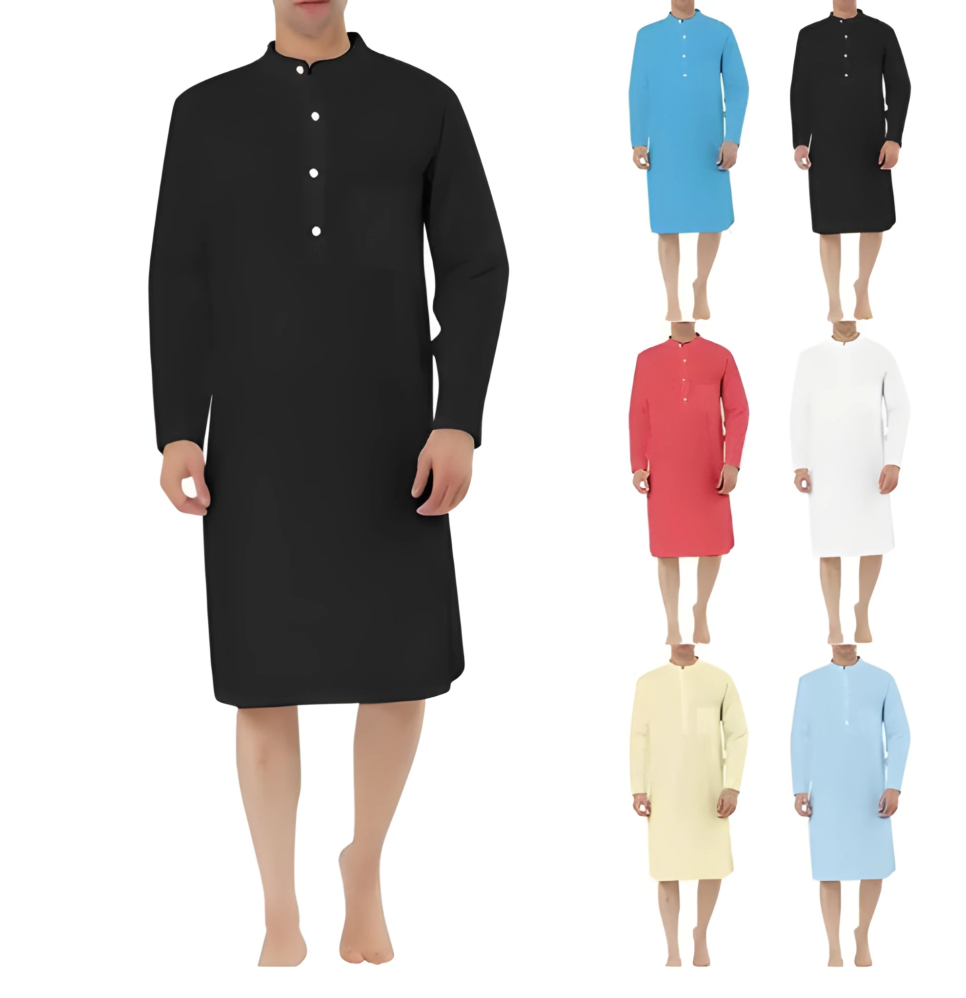 Men's simple cotton shirt robe with pocket available in white black and blue sizes S to XXL