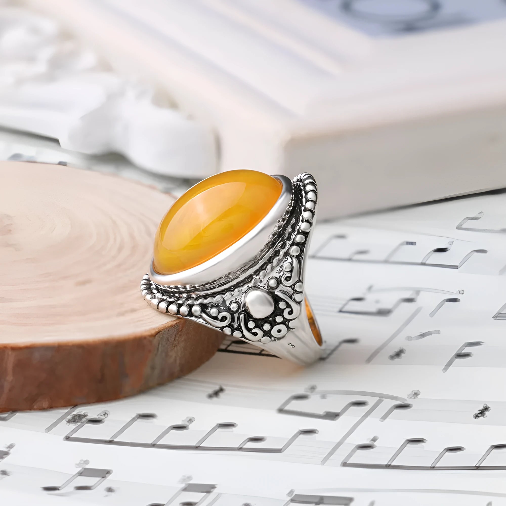 Retro geometric alloy ring with fluorescent beeswax electroplating in antique silver amber colour