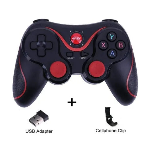 Black X3 Bluetooth wireless game controller with attached phone clip for Android smartphones