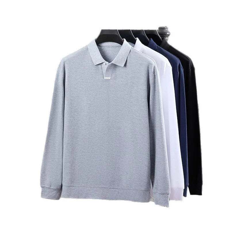 Men's grey loose fit cotton polo shirt with lapel collar and long sleeves on a hanger