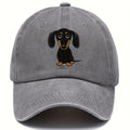 Retro cotton baseball cap with embroidered Dachshund design on dome crown, size M fits 56-58cm head circumference