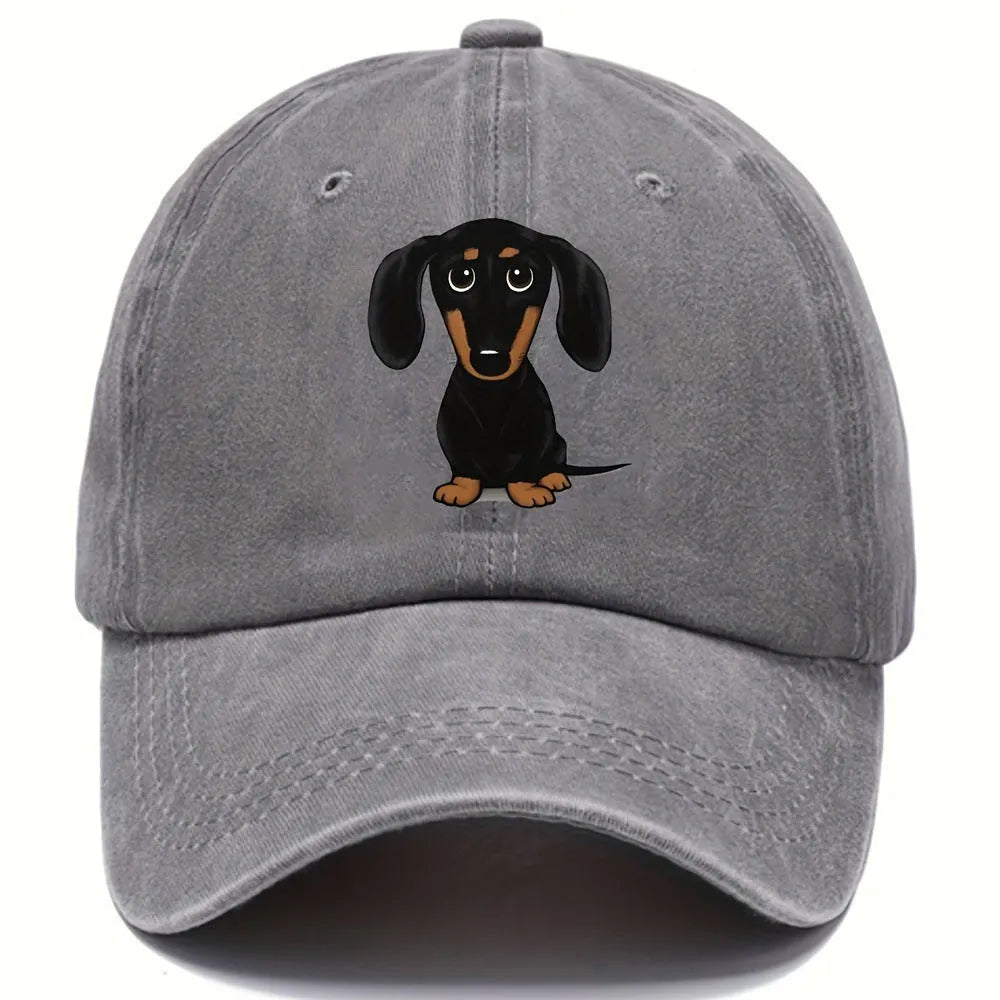 Retro cotton baseball cap with embroidered Dachshund design on dome crown, size M fits 56-58cm head circumference
