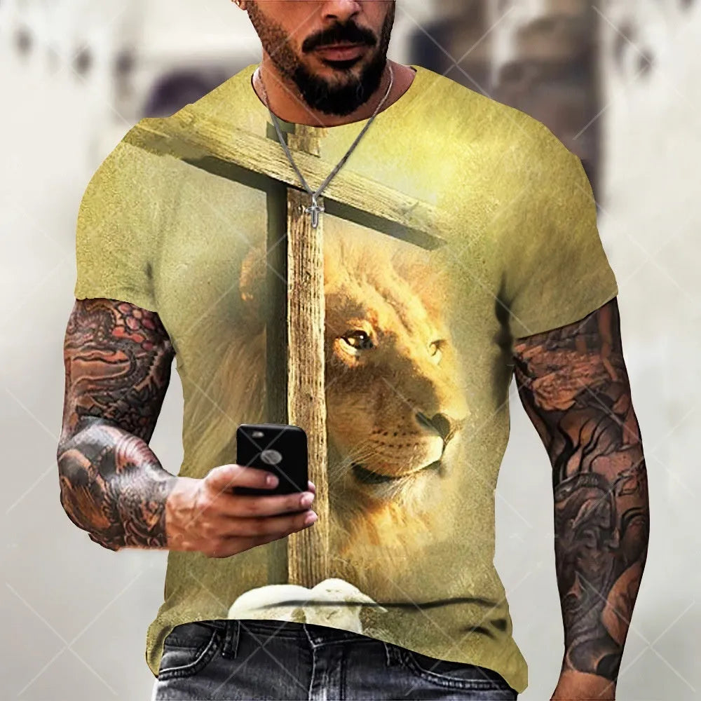 Men's grey t-shirt featuring a raised 3D printed Jesus Christ portrait on the chest.