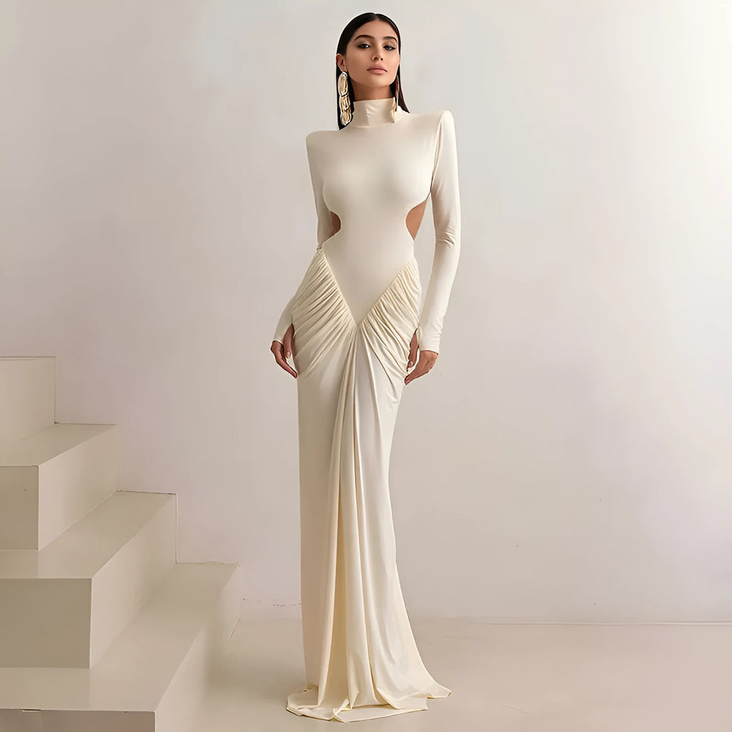 Long sleeve high collar slim fit dress with pleated backless detail in a solid colour