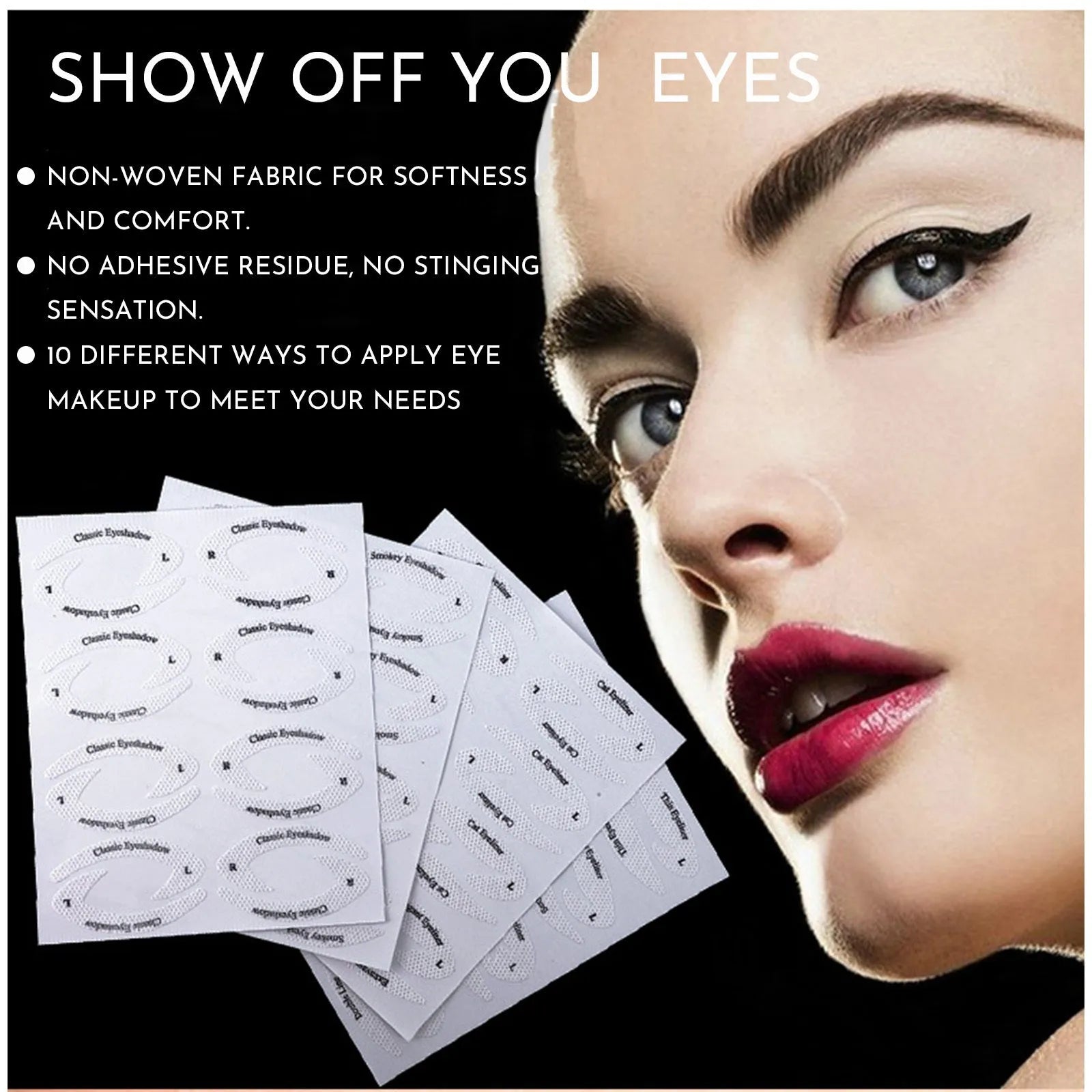 Reusable eyeliner makeup sticker templates showing four different eyeliner guide designs