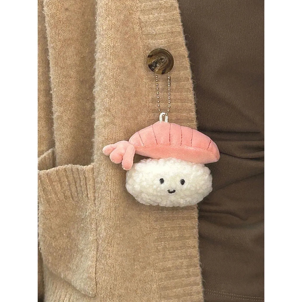 Soft plush sweet shrimp sushi pendant charm in pink and white, kawaii bag accessory