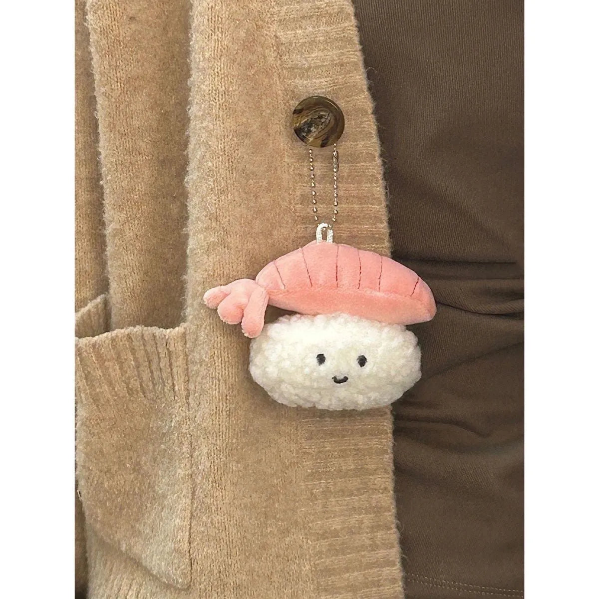 Soft plush sweet shrimp sushi pendant charm in pink and white, kawaii bag accessory