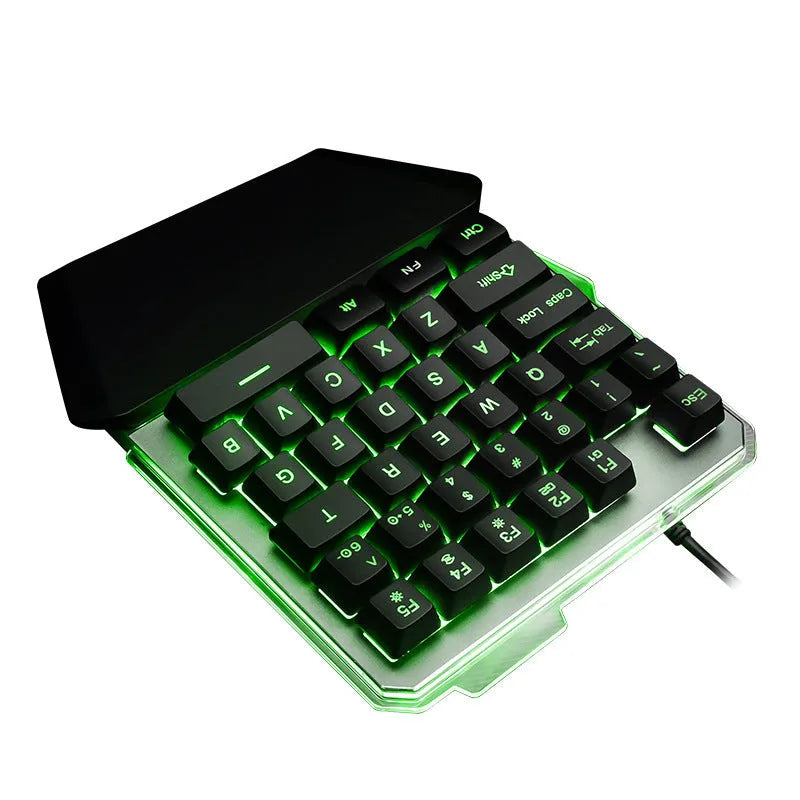 Black robotic one-handed keyboard with RGB backlighting and mechanical switches