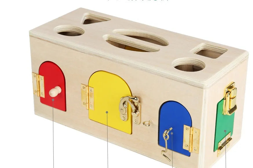 Wooden educational shape lock box preschool toy with 12 matching pieces