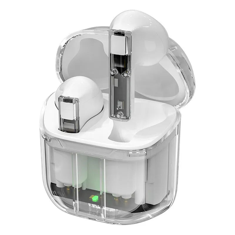 Wireless TWS headphones in multiple colours with transparent charging case.