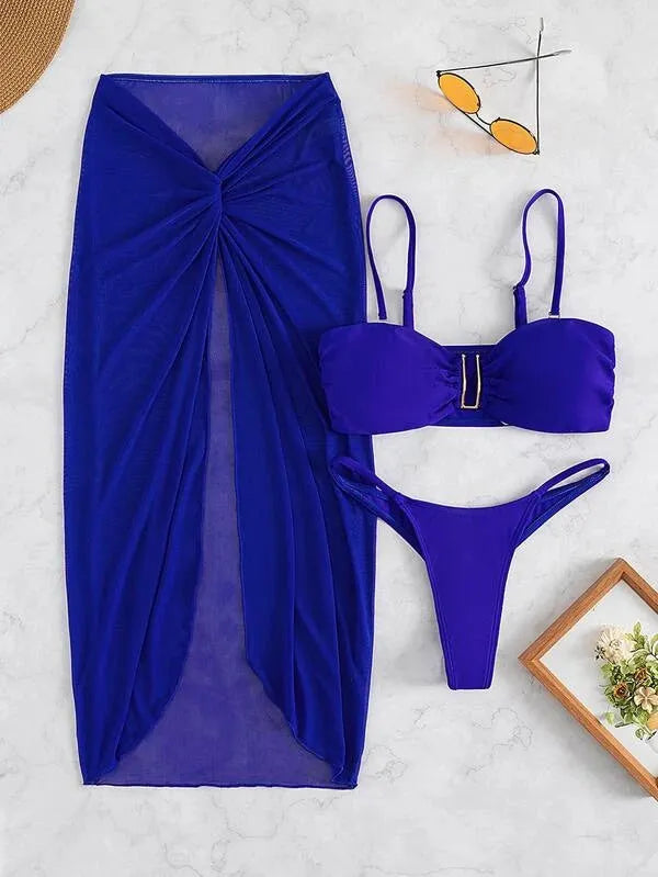 Women's solid colour three-piece bikini set with long culottes skirt, bra, and panties