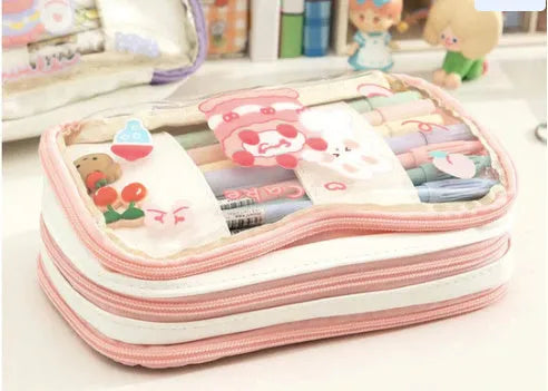 Transparent Japanese pen bag with rabbit design in pink cake or red love colour options
