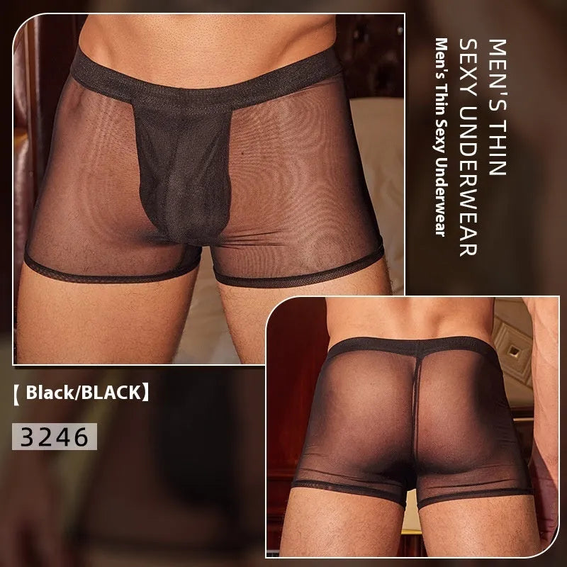 Black and white men's nylon boxer briefs showing ultra-thin breathable construction