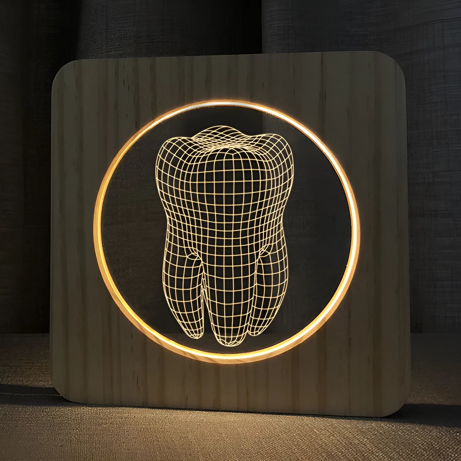 Tooth-shaped acrylic night lamp in log colour with USB cable, dimensions 190mm x 190mm x 30mm